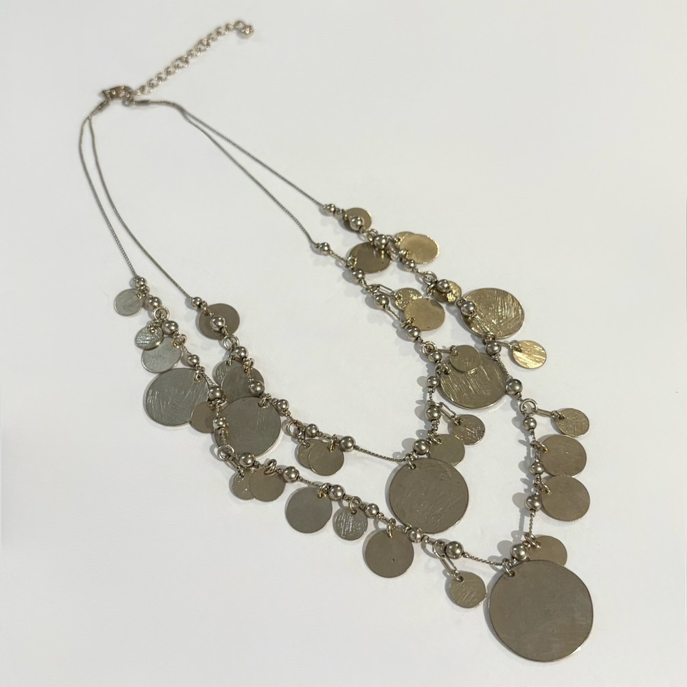 Double Layer Round Disc Brushed Silver Tone Necklace